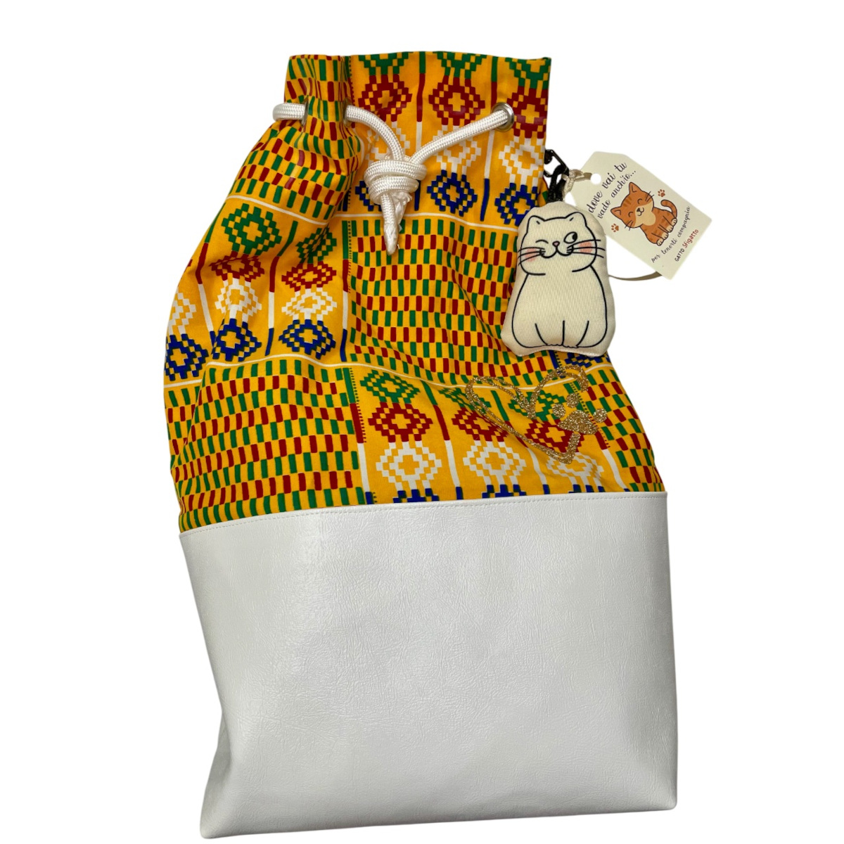 Sacca zaino in tessuto wax e similpelle | Associazione Le Sfigatte