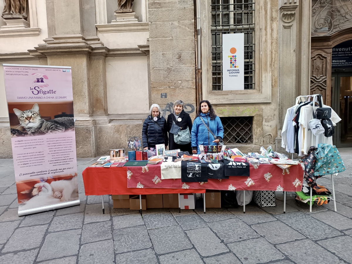 Banchetto solidale di Le Sfigatte con gadget miciosi, libri, shopper e t-shirt