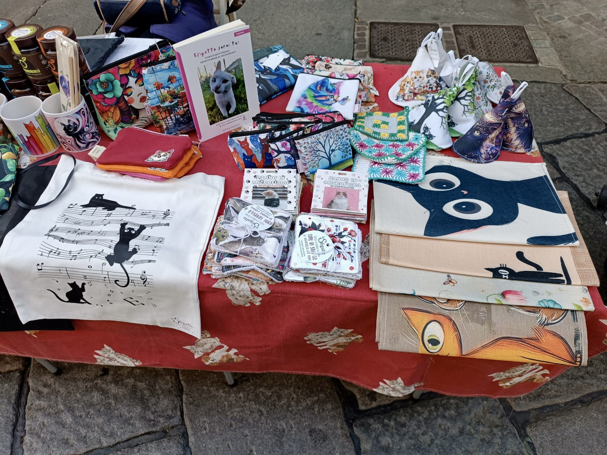 Banchetto solidale di Le Sfigatte con gadget miciosi, libri, shopper e t-shirt