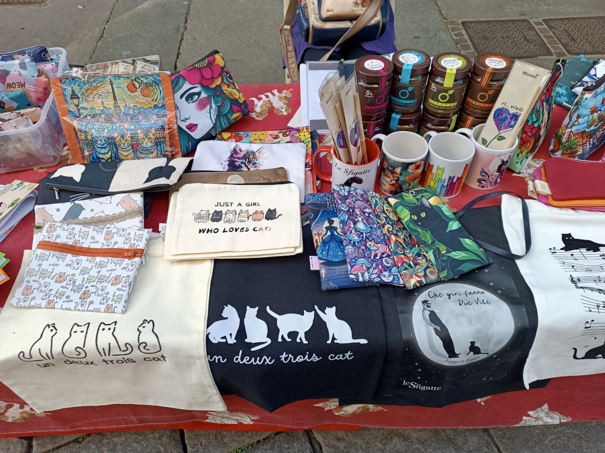 Banchetto solidale di Le Sfigatte con gadget miciosi, libri, shopper e t-shirt