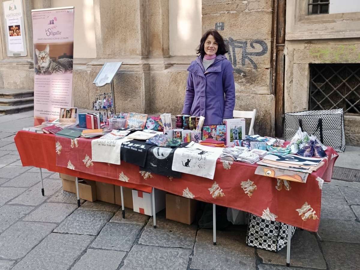 Banchetto solidale di Le Sfigatte con gadget miciosi, libri, shopper e t-shirt